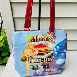 Pinup Girl w Hamburger Made In USA Handbag- Y2K-Rhinestone Beaded-Purse Bag 🇺🇸